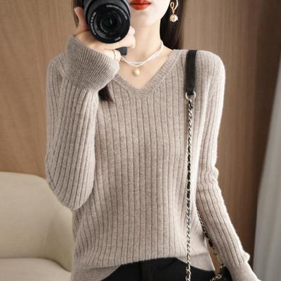 Women Sweater 2023 Autumn Winter Warm Pullover V-neck Stripe Slim Bottoming Shirts Long Sleeve Causal Korean Office Knit Jumper