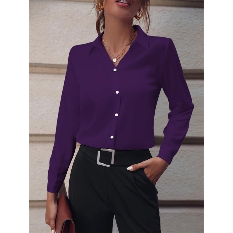 Chemise Femme Tempérament Décontractée Ample Confortable Bouton Revers Mode Chemise Couleur Unie Manches Longues Chemise de Bureau Femme