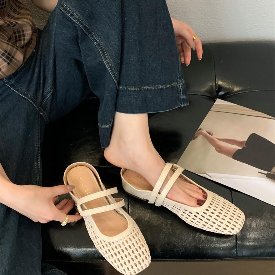 Platform slippers low heel thick heel single shoes French woven hollow Mary Jane shoes women's summer retro hole sandals women's