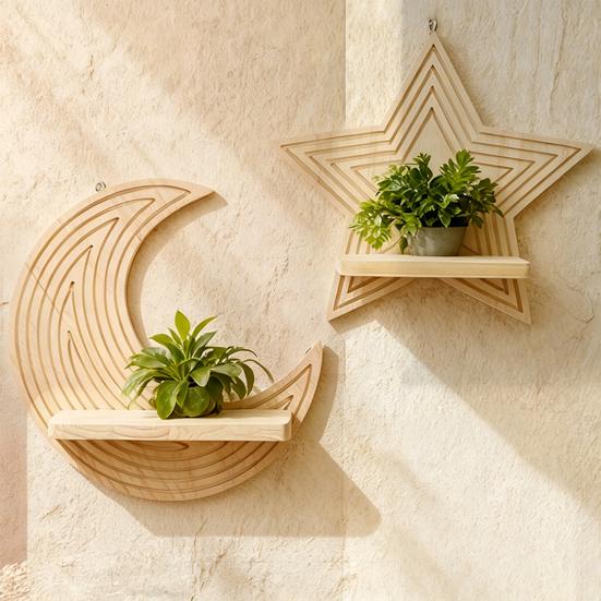 Moon Star Wall Shelf Boho Wooden Floating Wall Shelves Wall Mounted Plant Holder for Living Room Bedroom Modern Home Decor
