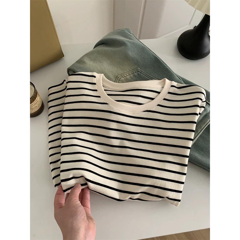 Korean Style Plus Size Striped Round Neck Long Sleeve T-shirt for Women - Autumn Winter Casual Loose Pullover