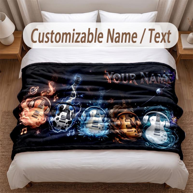 Music Guitar Theme Soft Blanket Personalized Custom Name Text Print Warm Blanket Home Sofa Bedroom Decor