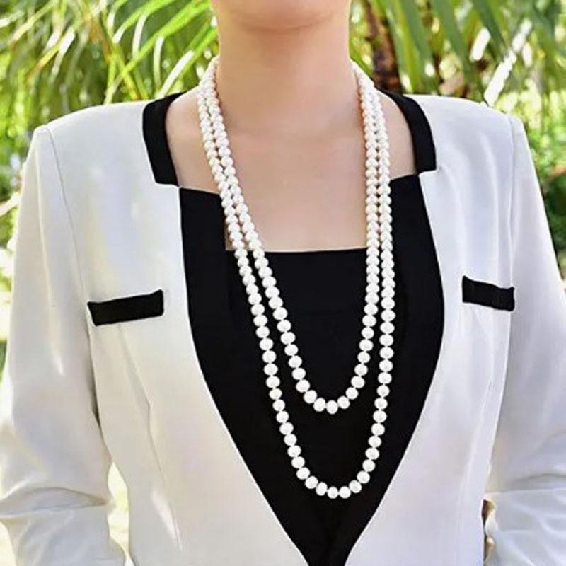 Long Cream Glass Necklace For Women Imitation Pearl Party Jewelry Fashion Accessories Multi-Layer Sweater Beads Chain