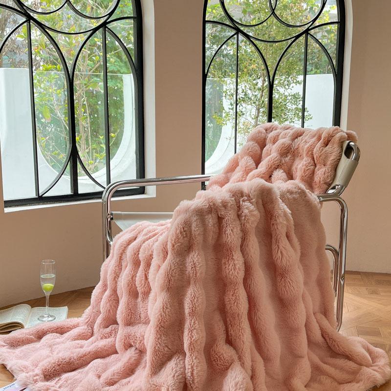 Autumn-Winter Double-Layer Faux Rabbit Fur Plush Nap Throw Blanket Shawl