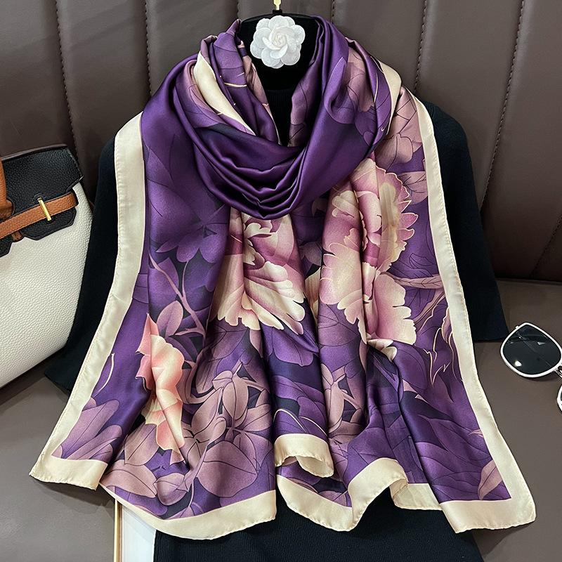 Autumn and Winter New Beautiful Brocade Silk Silk Satin Simulation Silk Foreign Silk Scarf High Fashion Versatile Sunscreen Shawl Scarf