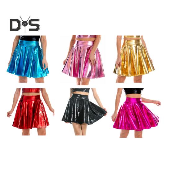 Women Skater Skirt High-Waisted Shiny Metallic Patent Faux Leather Texture Party Skirt Slimming Versatile Mini Skirt