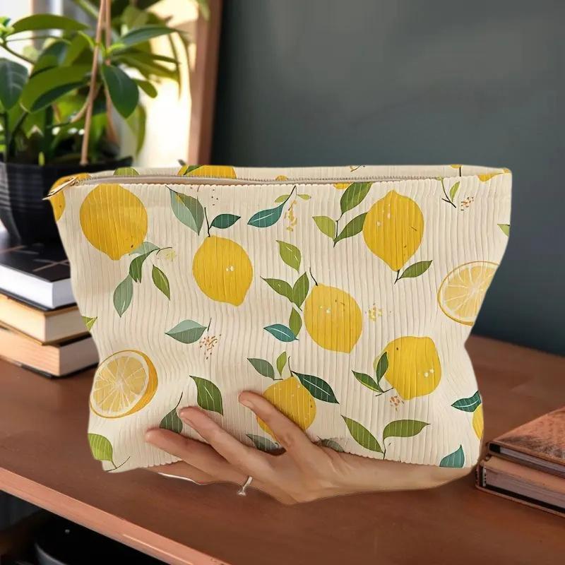 Fashionable Lemon-Print Corduroy Cosmetic Bag - Large Capacity, Perfect for Travel or as a Girl's Gift