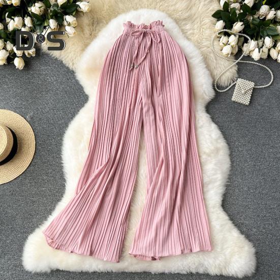 Pantaloni pentru femei cu talie înaltă elastică, cu șnur ajustabil, stil plisat, pantaloni largi, pantaloni casual de culoare solidă