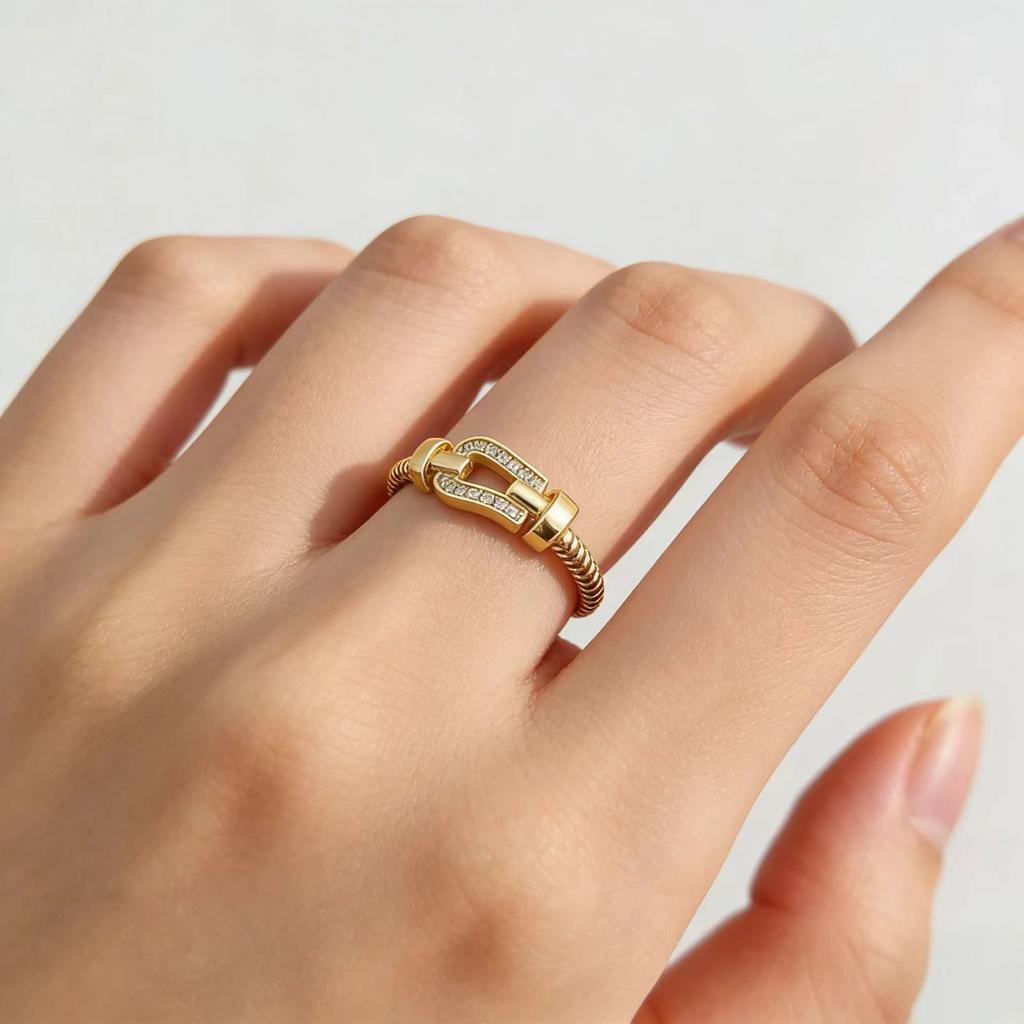 Horseshoe Buckle Shape Open Ring Women's, Stylish Classic Vintage Diamond Ring Adjustable Jewelry Gift