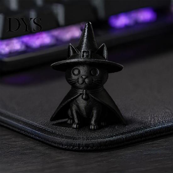 Small Sculpture for Study Room Gothic Witch Hat Black Cat Figurine, 3D Printed Wizard Cloak Kitten Versatile Soft Furnishing Statue, Spooky