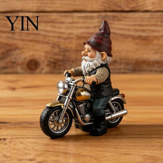 Miniature Gnome Statue Riding Retro Motorcycle Figurine, Motorbike Dwarf Resin Weatherproof Figurine Sculpture, Ornament for Home Office Desk