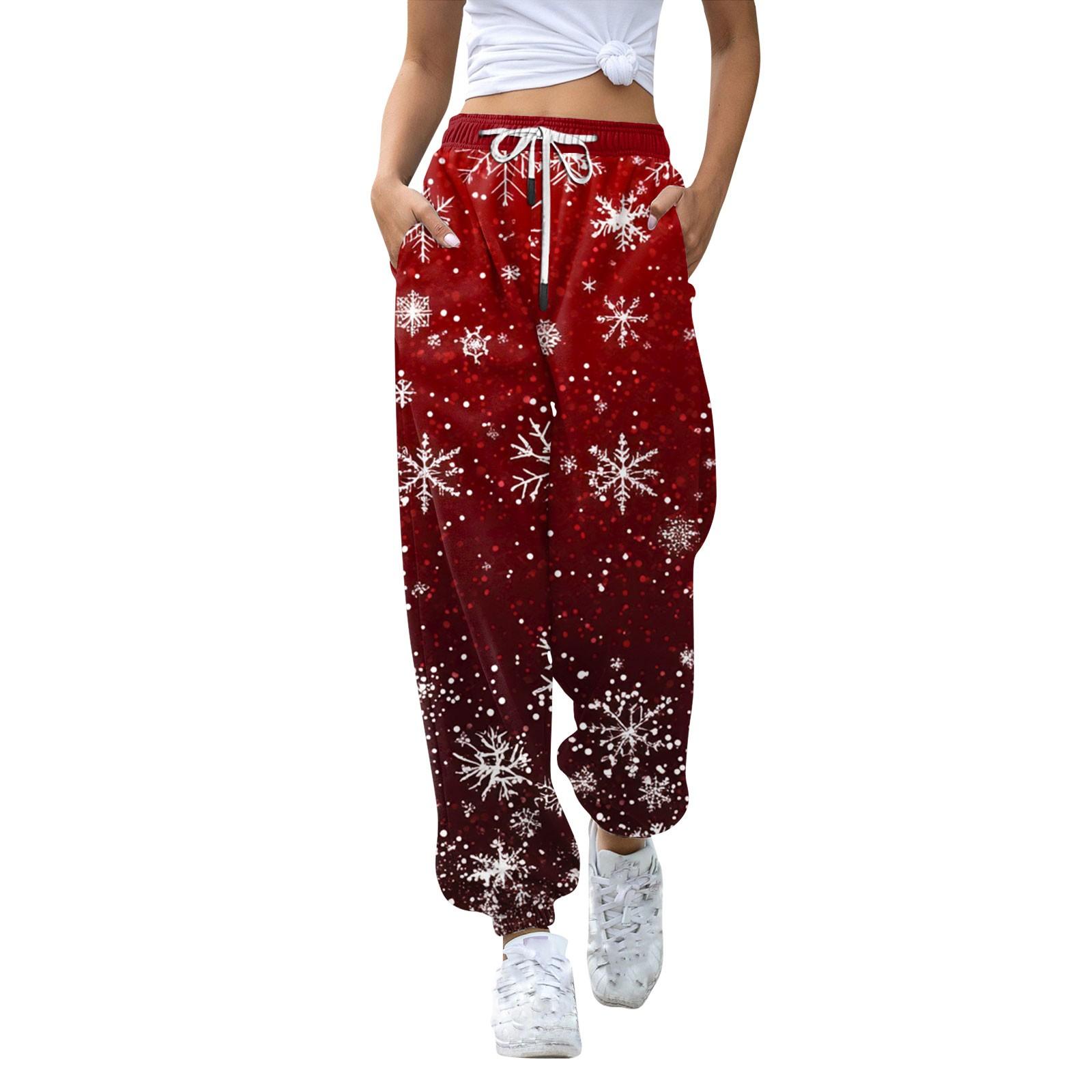 

Женские спортивные штаны с высокой талией, рождественским принтом, карманами, затягивающимися на шнурок XXXL красный
