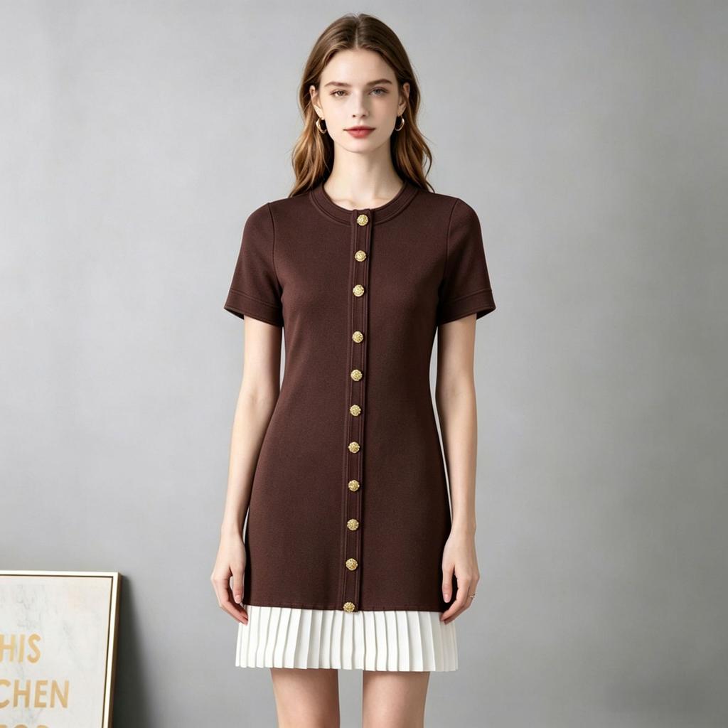 New French Xiaoxiangfeng Black Short-sleeved Dress, Pure Temperament Splicing Fake Two-piece Buckle Versatile Skirt