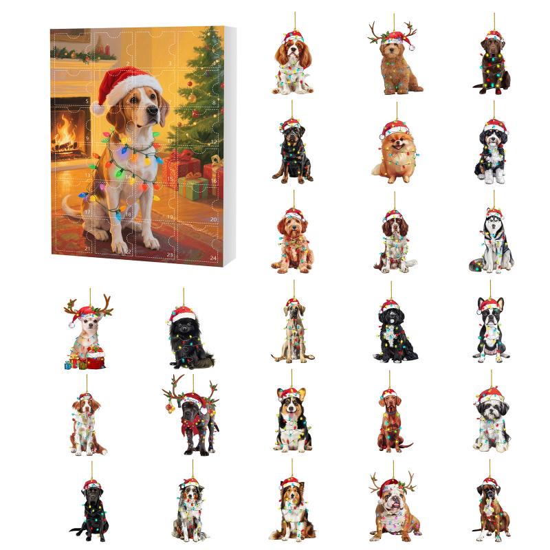 2D Acrylic Puppy Pendant Christmas Ornaments Advent Calendar 24-Day Countdown Calendar Dog Charm For Christmas Tree Decoration