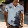 Men's Summer Sailing Pattern Short Sleeve Top With Collar Pocket Half Sleeve T-shirt