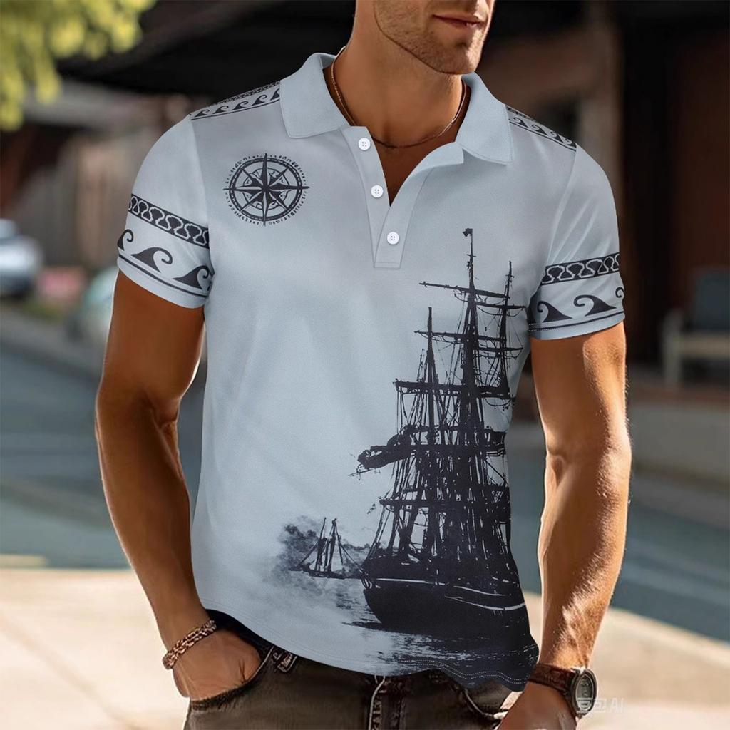 Men's Summer Sailing Pattern Short Sleeve Top With Collar Pocket Half Sleeve T-shirt