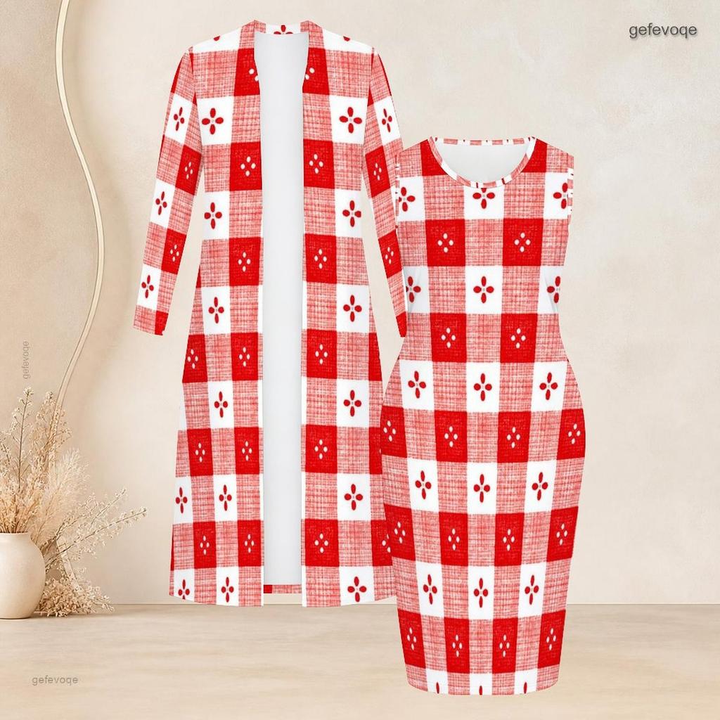 Women Plus Size Geometric Printed Two Piece Set Long Sleeve Open Front Cardigan Sleeveless Bodycon Dress