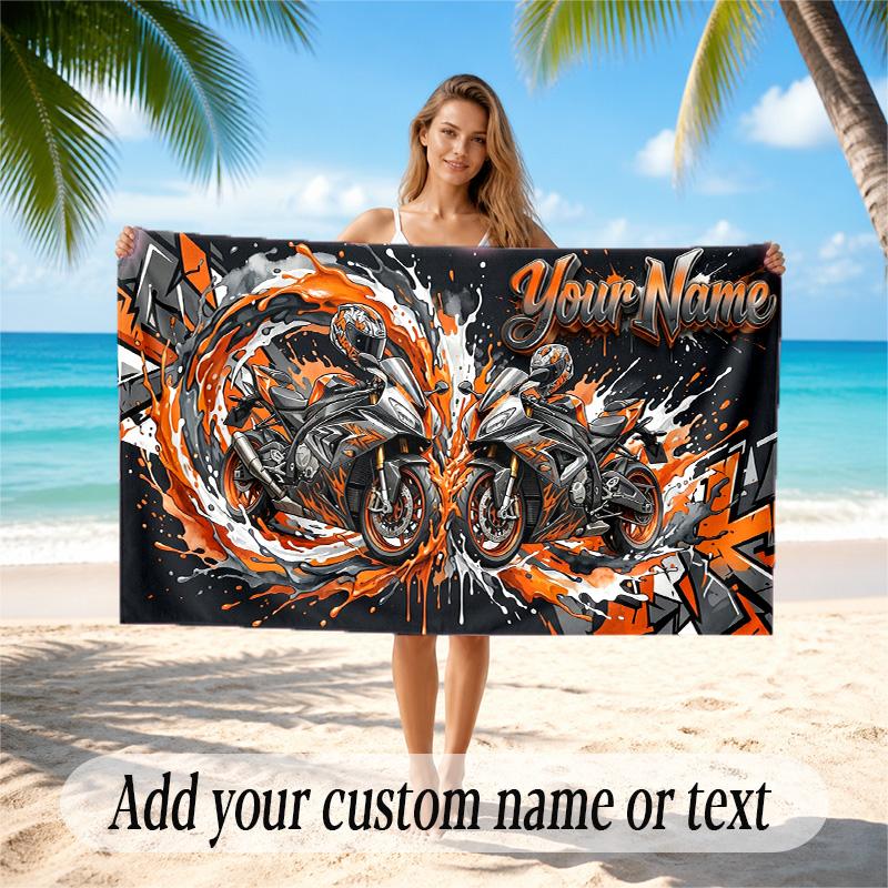 Motorcycle Biker Theme Quick Dry Beach Towel Custom Name Text Print Large Sand Resistant Towel Beach Vacation