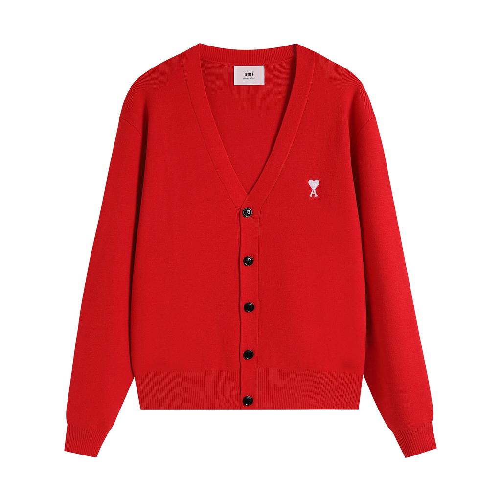 AMI Jesień i Zima Męski Nowy Małe Białe Serce Mieszanka Wełny Alpaki Miękki i Przyjemny Dzianinowy Kardigan Okrągły Dekolt Sweter Chmurka Kieszeń Płaszcz