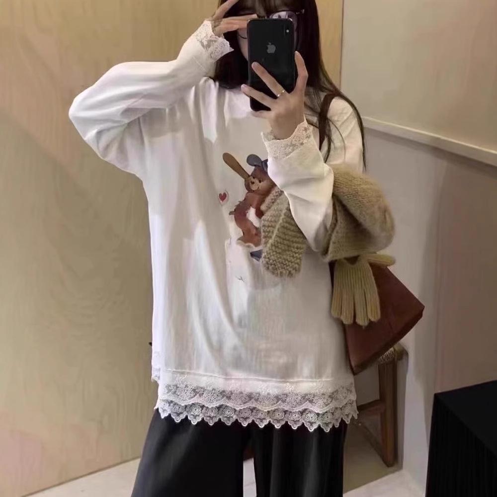 Women's Korean Lace Patchwork Sweatshirt - Spring 2025 Collection, Loose Fit, Round Neck, Thickened Base Layer Top