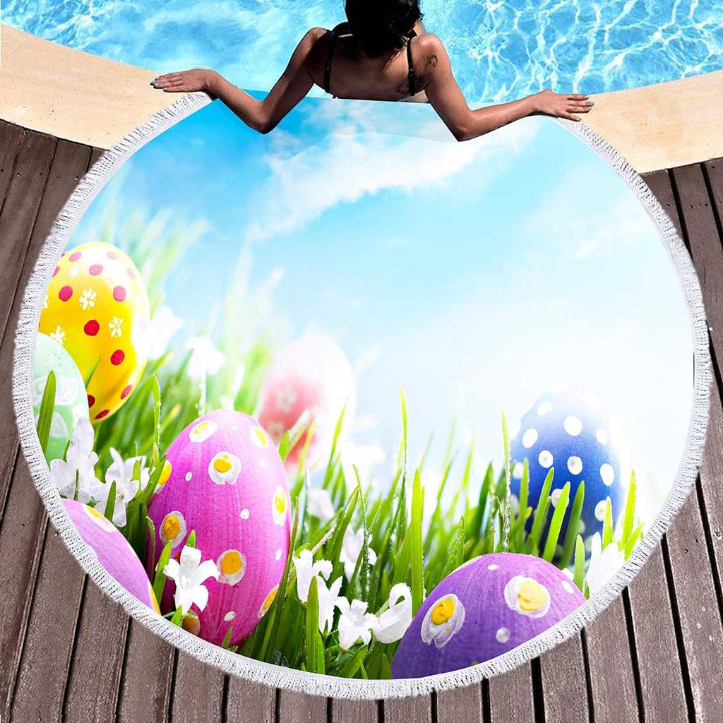 Easter Eggs Round Beach Towel with Tassels For Boys Girl Easter Gifts Microfiber Soft Sand Proof Absorbent Circle Swim Towel
