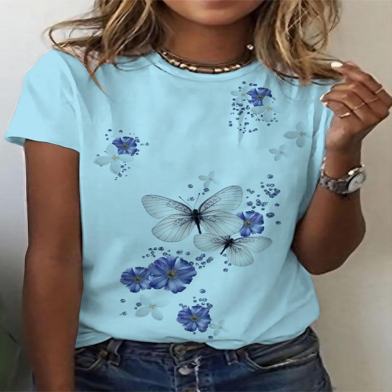 3D Printing, Casual T-shirt, Women's Butterfly Printed Short Sleeved Round Neck T-shirt