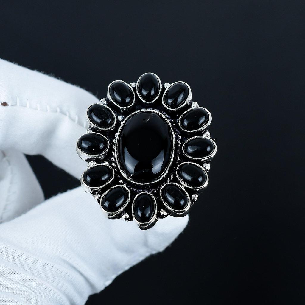 Natural Black Onyx Gemstone Ring, 925 Sterling Silver Ring, Gift For Her, Oval Stone ,Elegant Handmade Ring, Black Onyx Flower Silver Ring