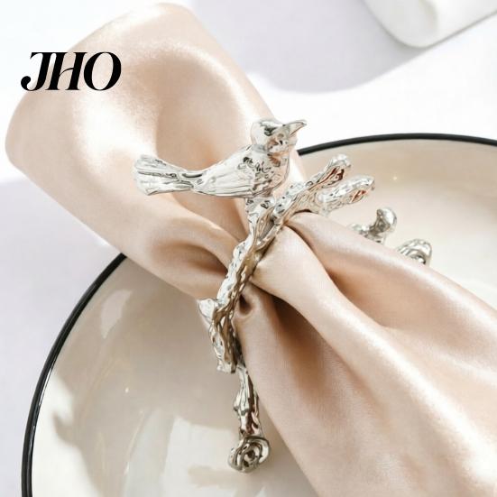 Alloy Napkin Ring Ring, Vintage Branch & Bird Design with Gold Finish, Open-End Holder for Cotton Linen Cloth Dinner Napkins, Wedding Banquet