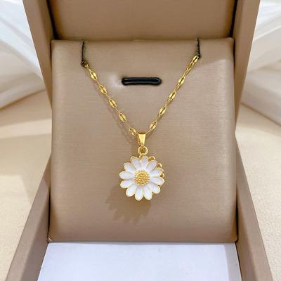 Sweet Rotatable White Daisy Flower Pendant Necklaces for Women Girls Stainless Steel Chain Cute Daisy Jewelry Gifts for Friends