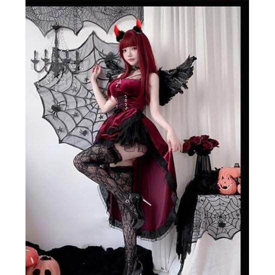 KALAOK Witch Cosplay Angel Halloween Costume 4-Piece Set Dress Wings Headband Wand Twin Coordination Event Party Black Red White School Festival