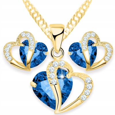 Set Gold Necklace and Earrings Blue Crystal Hearts Silver 925