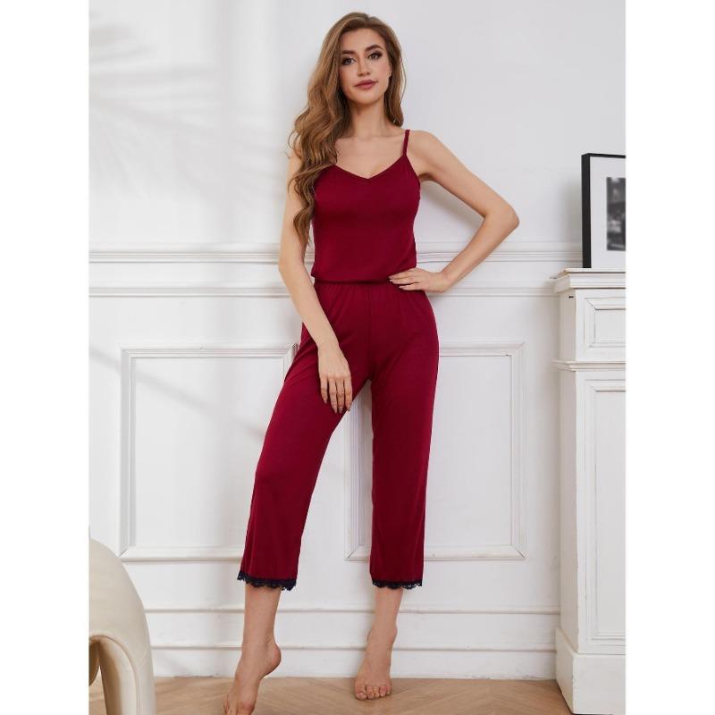 Women Sexy Lace Trim Cami Pajama Two Piece Long Pants Loungewear