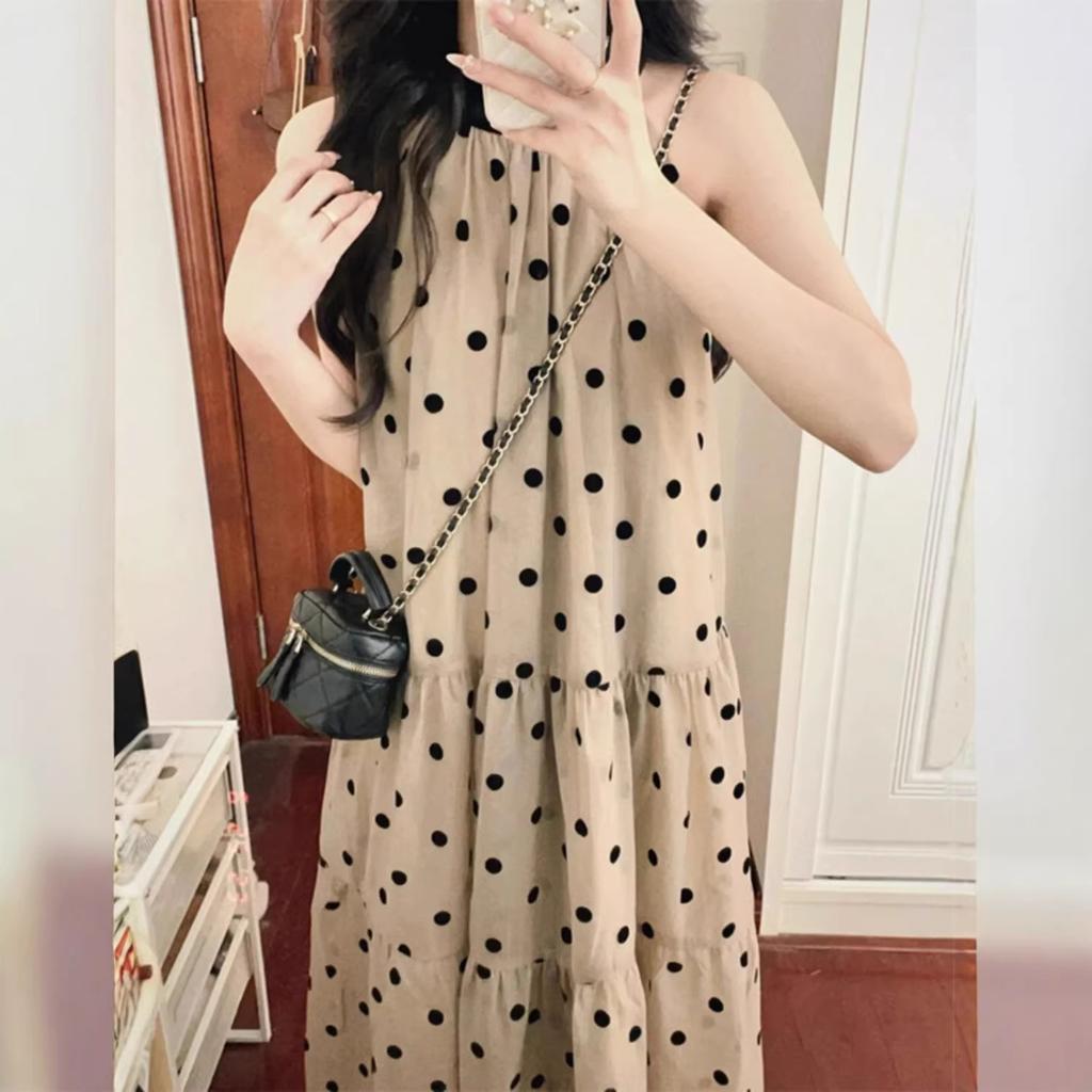 Romantic Summer Polka Dot Neck Sleeveless Dress Women's Summer New Thin Holiday Temperament Medium and Long Dress