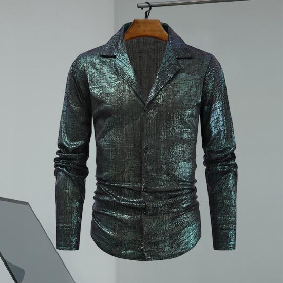 Klubová výkonnostní košile Klopový límec Jednořadý lesklý povrch Catch Attention Party Nightclub Dance Canival Košile Středně dlouhá Cardigan Shirt