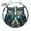 Sunlight Shadow Display Double Owl Suncatcher Window Hanging Ornament Stained Glass Style Circular Wall Colorful Animal Art Decor Green for