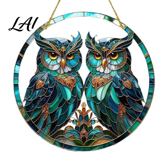 Sunlight Shadow Display Double Owl Suncatcher Window Hanging Ornament Stained Glass Style Circular Wall Colorful Animal Art Decor Green for