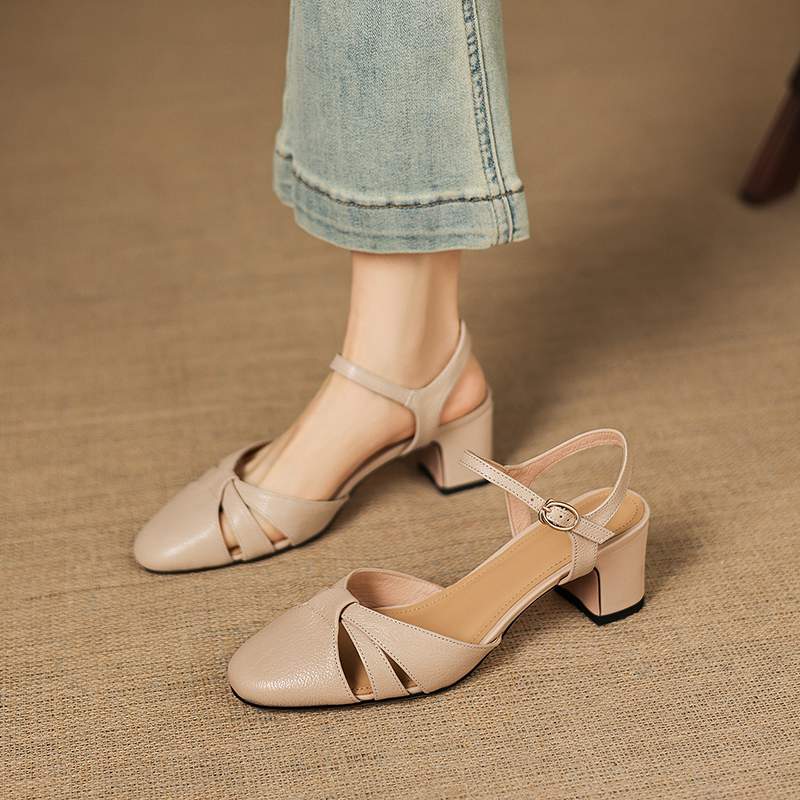 Krazing Pot Sheep Skin Med Heels European Design Summer Size 40 Round Toe Circle Buckle Straps Women Pumps
