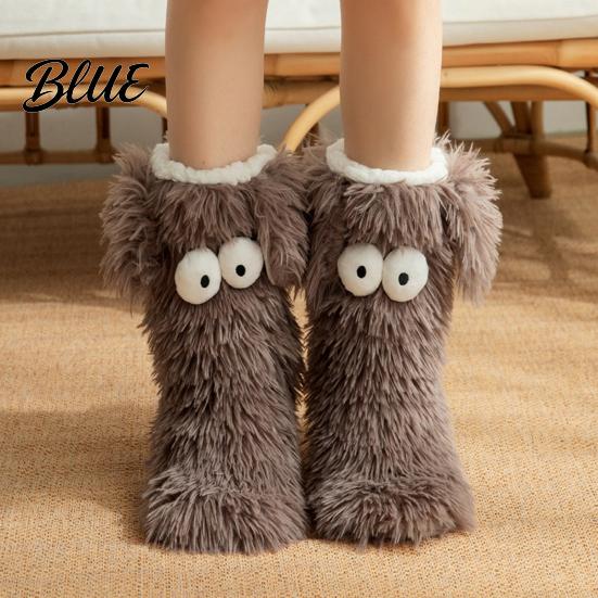 Soft Fuzzy Socks for Sleeping 2 Pairs Cute Big Eye Monster Plush Floor Socks Non-Slip Cozy Thermal House Indoor Slipper Women Warm Winter