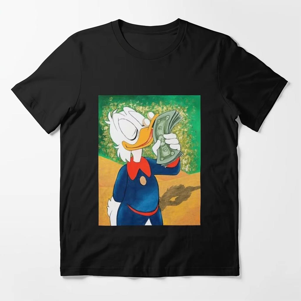 Unisex Licensed Womens Dagobert Duck Graphic TShirt Black Short Sleeve Casual Top with Money Motif Cartoon Lovers