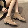 Large size women's boots 2025 autumn and winter British style small short boots solid color suede pointed lace-up thick heel large size boots