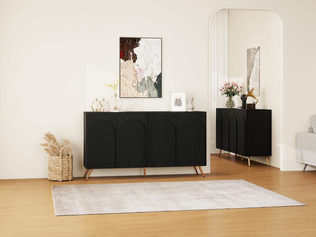 Sideboard in Mid-Century Design, Black Hallway Cabinet with 3D Grooves & Arched Doors, Wood Material, Adjustable Shelves, Gold-Colored Metal Feet