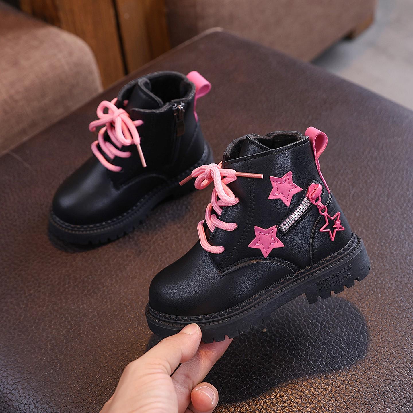 

Autumn & Winter Kids Shoes: Warm Toddler Girls Cotton Boots, Soft Sole Boys Martin Boots, Baby Cotton Leather Shoes Size 25 (15.5cm) чорний
