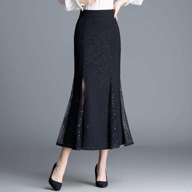 

Юбка миди А-силуэта с кружевным лоскутным узором, высокой талией, подолом «рыбий хвост» с серебристой фольгой и звездным узором 4XL