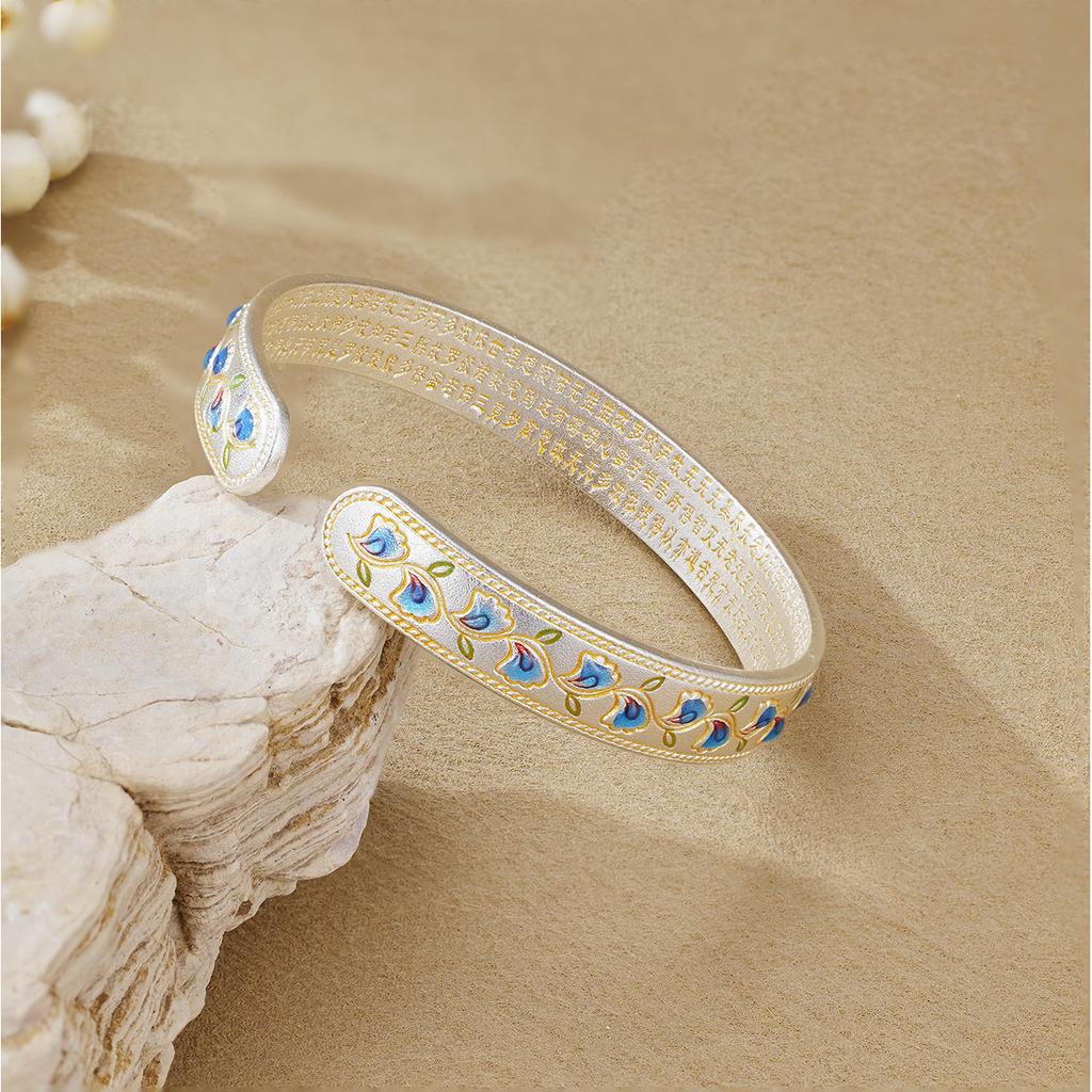 Gold-painted Enamel Flower Vine Heart Sutra Bracelet Opening Adjustment Literary and National Style Fashion Bracelet Solid Accessories