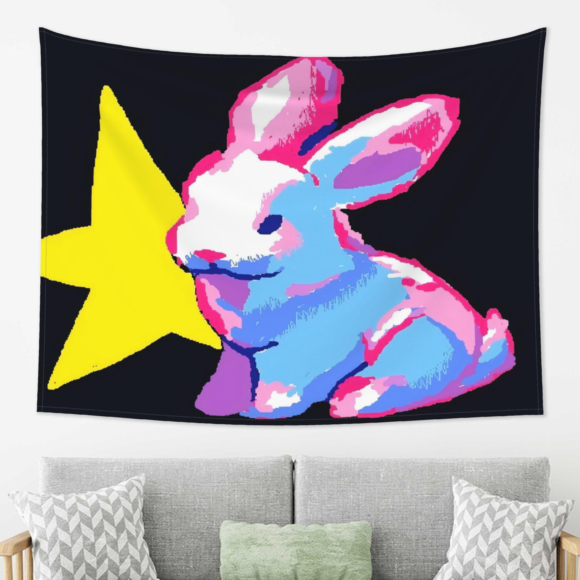 American Retro Neon Rabbit Tapestry Pop Style Contrast Rabbit Star Printed Hanging Cloth Room Decoration 100X70CM