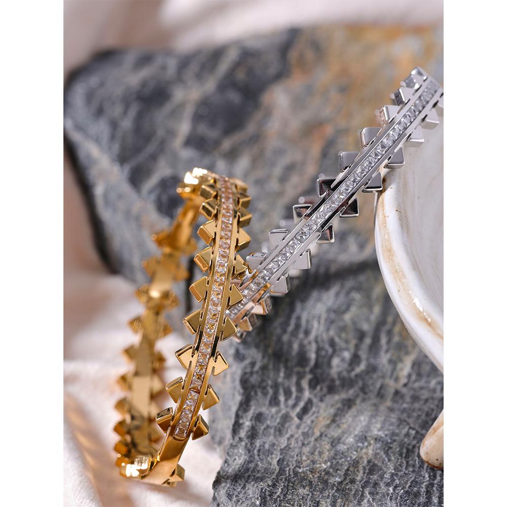 Yhpup New Unique Cubic Zirconia Geometric 18k Gold Color Stainless Steel Bracelet Bangle Waterproof Statement Jewelry Women Gift