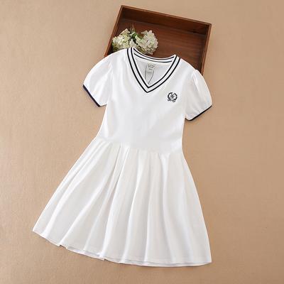 Girls' White Summer Dress V-Neck Polo Pleated Dress for School 5-12 Years Girls Clothing