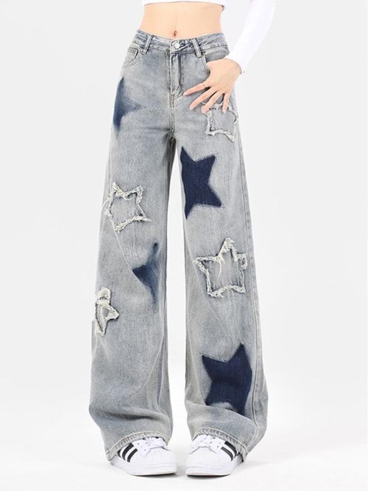 

Джинсы в стиле ретро со звездами в американском стиле, женские брюки с необработанными краями, винтажные широкие брюки, женские свободные модные универсальные брюки для мытья полов S светло-синий