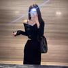 French Black Off-the-shoulder V-neck Long-sleeved Dress, Autumn Dress for Women, Small Man with Waist Temperament, Waist-exposed, Bottom-up Dress