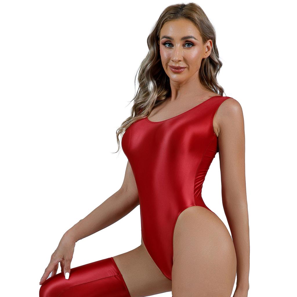 Womens Backless Glossy Bodysuit High Cut Swimwear Sleeveless Leotard for Pool Yoga Sports